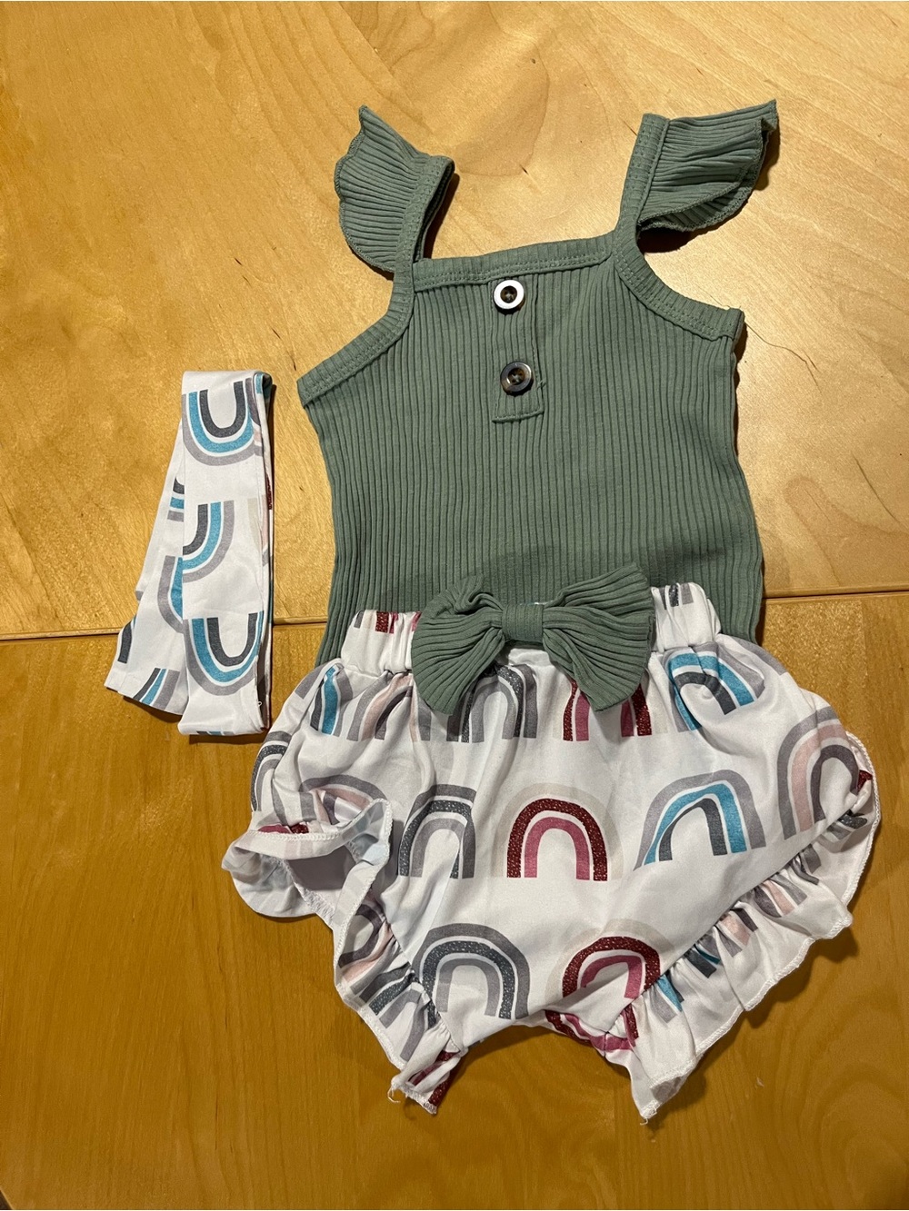 Ribbed Sage Green Tank with Rainbow Print Bloomers